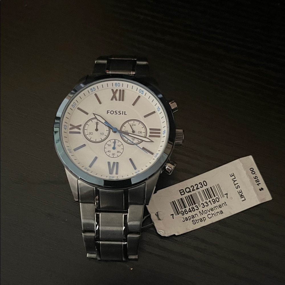 Fossil Dark Gray Chronograph Watch with White Face and Light Blue NEW